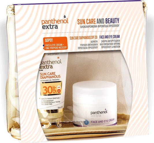 Panthenol Extra Sun Care and Beauty με Diaphanous Face Gel SPF30 Αντιηλιακή Κρέμα Τζελ Προσώπου 50ml & ΔΩΡΟ Face and Eye Cream 24ωρη Αντιρυτιδική Κρέμα 50ml & ΔΩΡΟ Νεσεσέρ