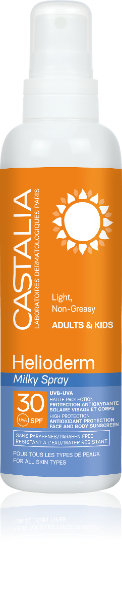 Castalia Helioderm Αντηλιακό γαλάκτωμα σε σπρέι SPF 30, για πρόσωπο και σώμα, ελαφριά μη λιπαρή υφή, για ενήλικες και παιδιά 240ml
