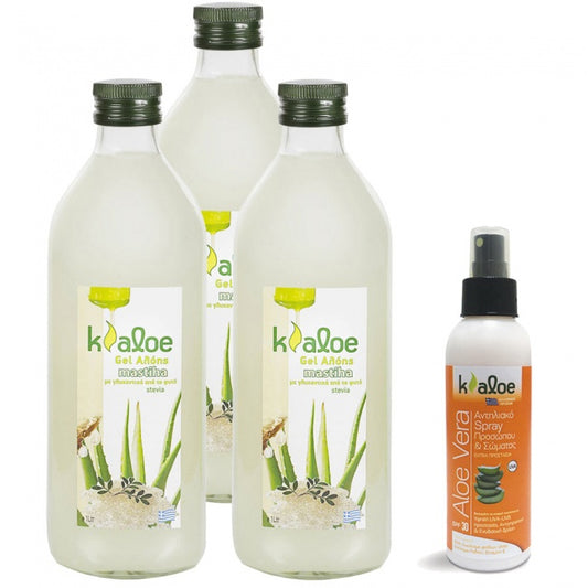 Kaloe Gel Αλόης Μαστίχα Χίου 1000ml 3τεμάχια και ΔΩΡΟ αντιηλιακό spray προσώπου και σώματος spf30 150ml